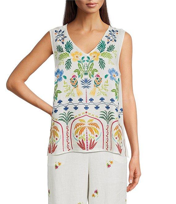 JOHNNY WAS Mixed Floral Printed Linen V-Neck Sleeveless Coordinaiting Tank Product Image
