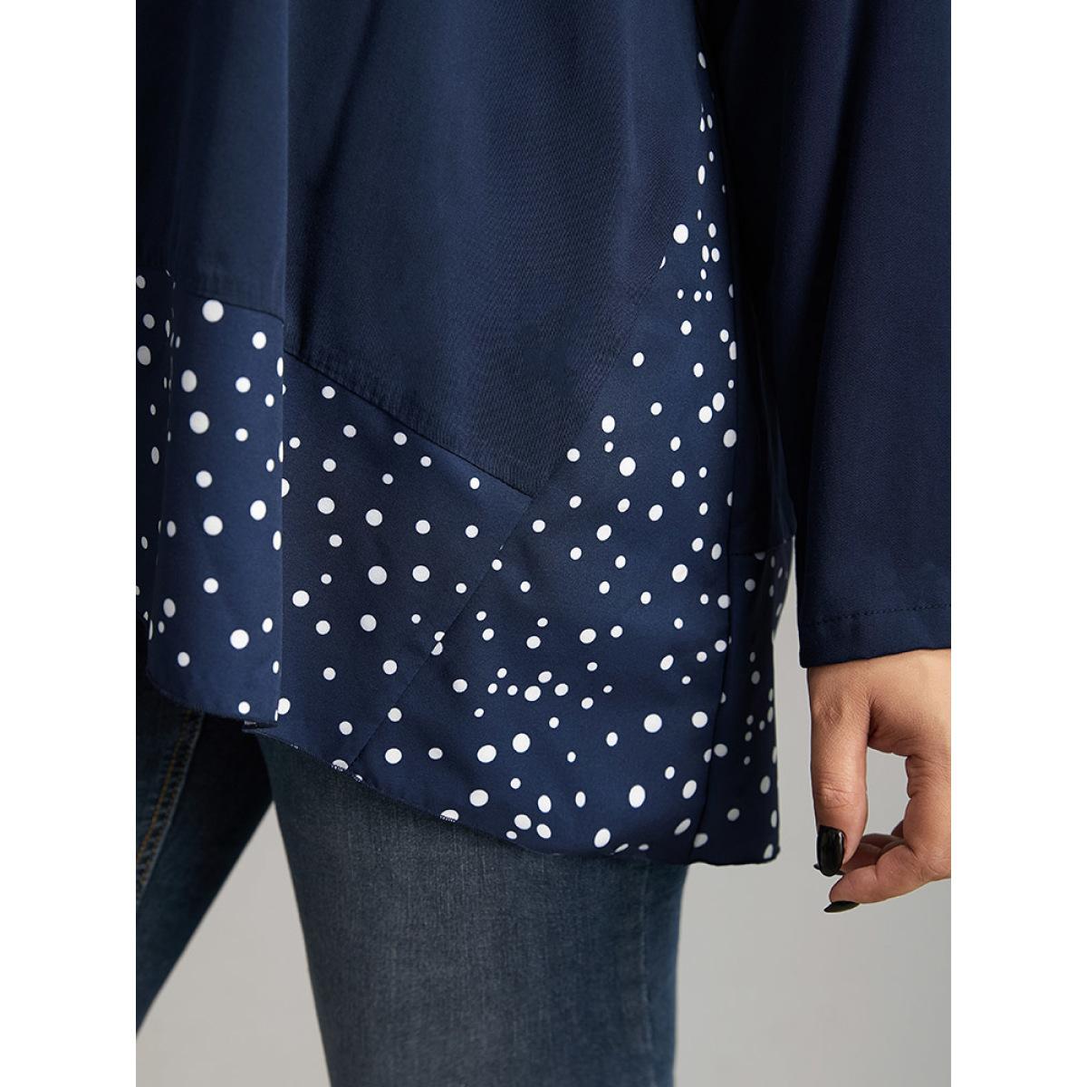Plus Size Indigo Polka Dot Patchwork Long Sleeve Blouse Women Office Long Sleeve Round Neck Office Blouses BloomChic 30/6X Product Image