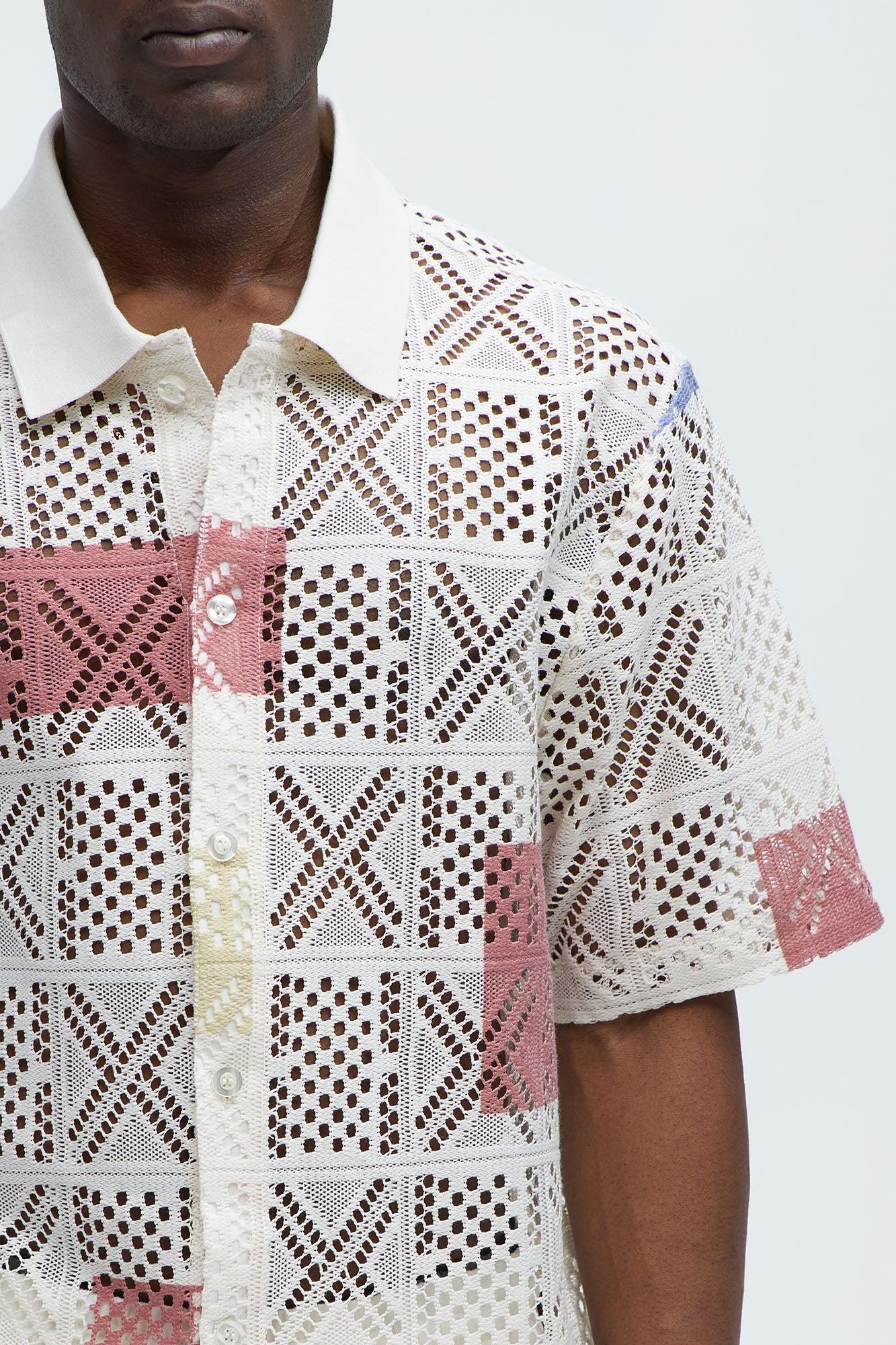 Mosaic Crochet Short Sleeve Full Button Shirt - Multi Color Product Image