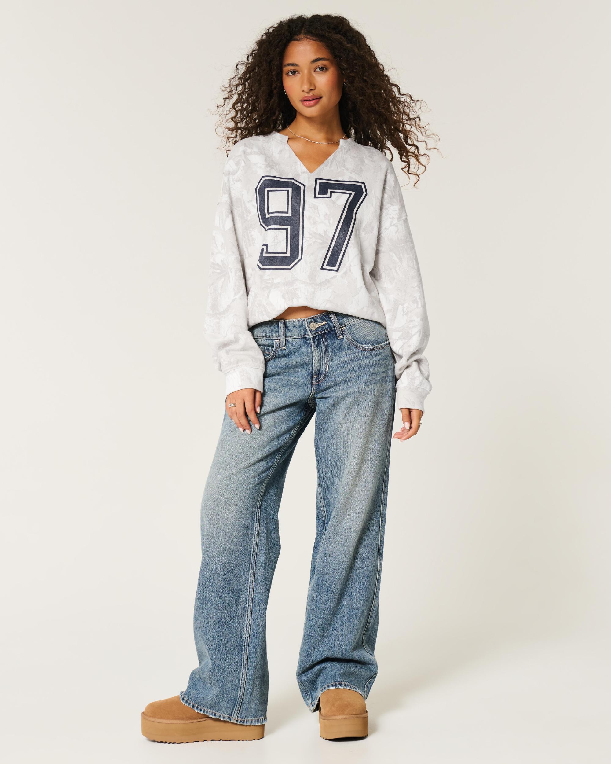 Oversized Camo Number Graphic Notch-Neck Sweatshirt Product Image