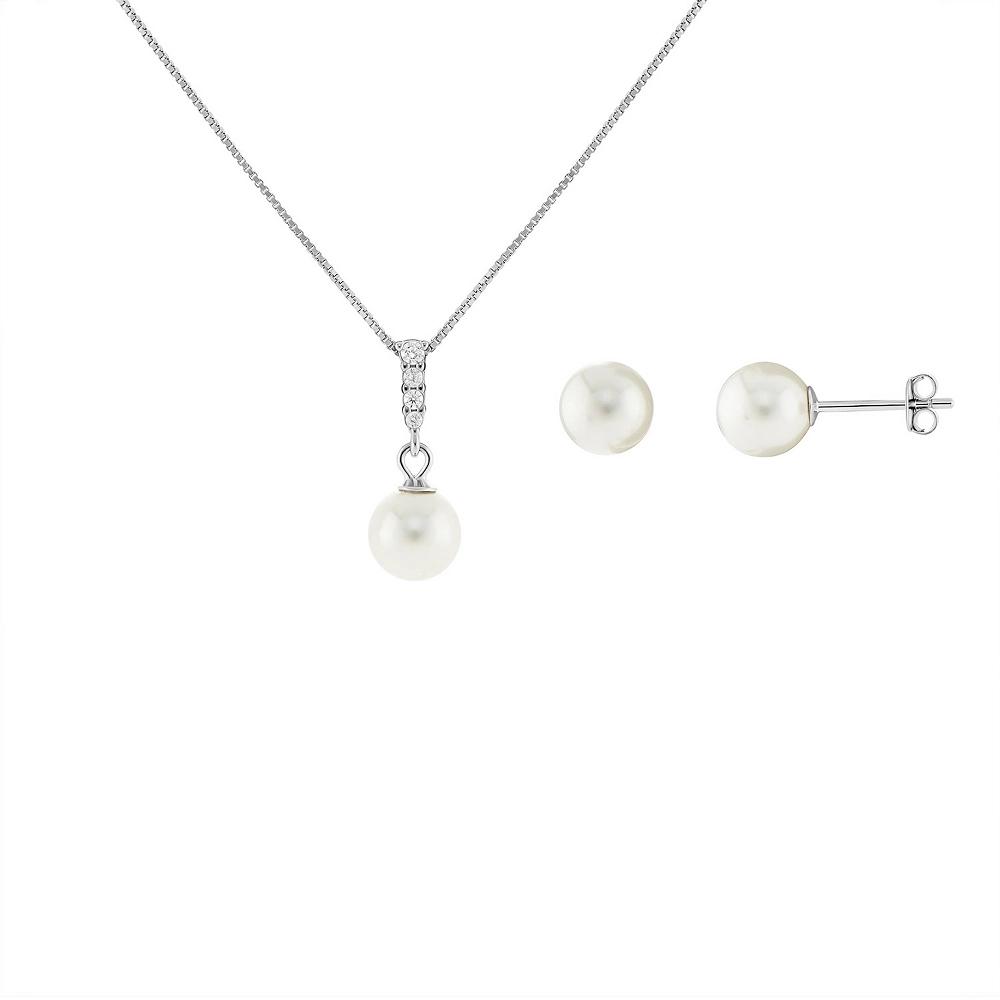 PRIMROSE Sterling Silver Simulated Pearl & Cubic Zirconia Pendant Necklace & Stud Earrings Set, Women's, Size: 18", Sterling Silver White Product Image