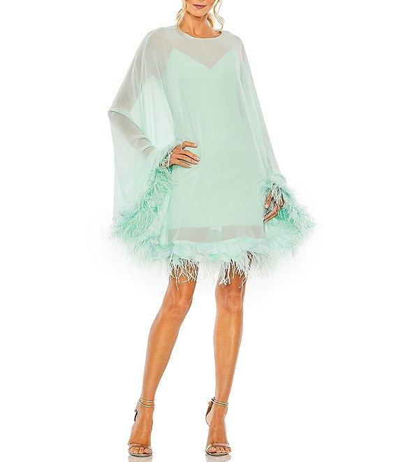 Mac Duggal Crew Neck Long Sleeve Feather Trim Cape Overlay Mini Dress Product Image