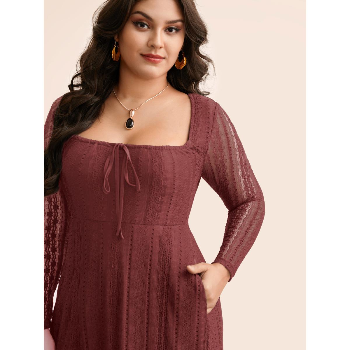 Plus Size Lace Panel Square Neck Tie Knot Dress Burgundy Women Elegant Tie knot Square Neck Long Sleeve Curvy BloomChic 14-16/1X Product Image