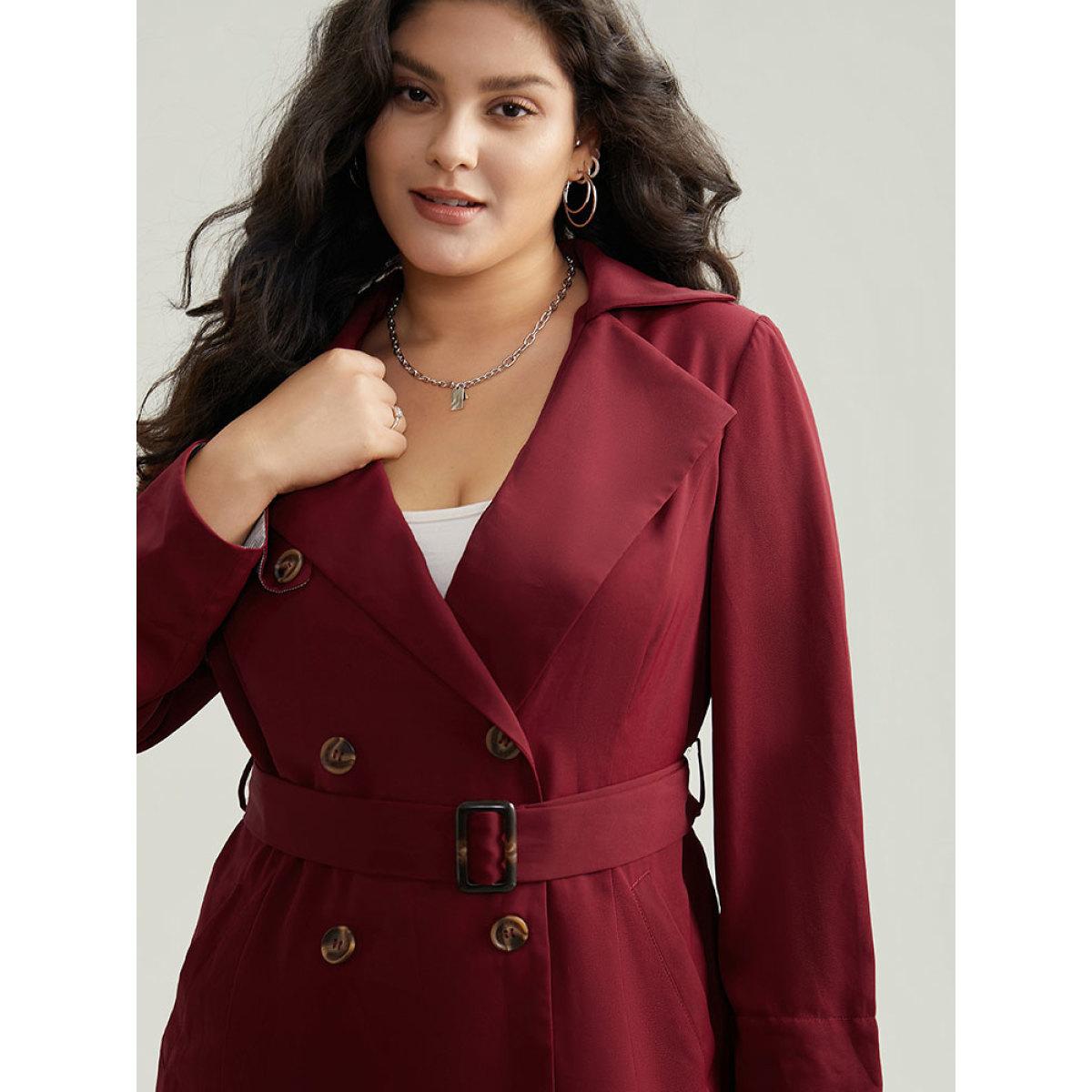 Plus Size Twill Lapel Collar Belted Button Up Buckle Detail Coat Women Burgundy Casual Plain Ladies Dailywear Winter Coats BloomChic 28/5X Product Image