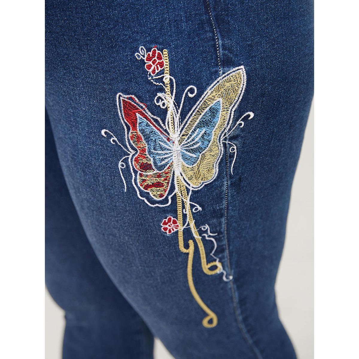 Plus Size Butterfly Embroidered Moderately Stretchy High Rise Dark Wash Bootcut Jeans Women Blue Elegant Plain Embroidered Medium stretch Pocket Jeans BloomChic 16/1X Product Image