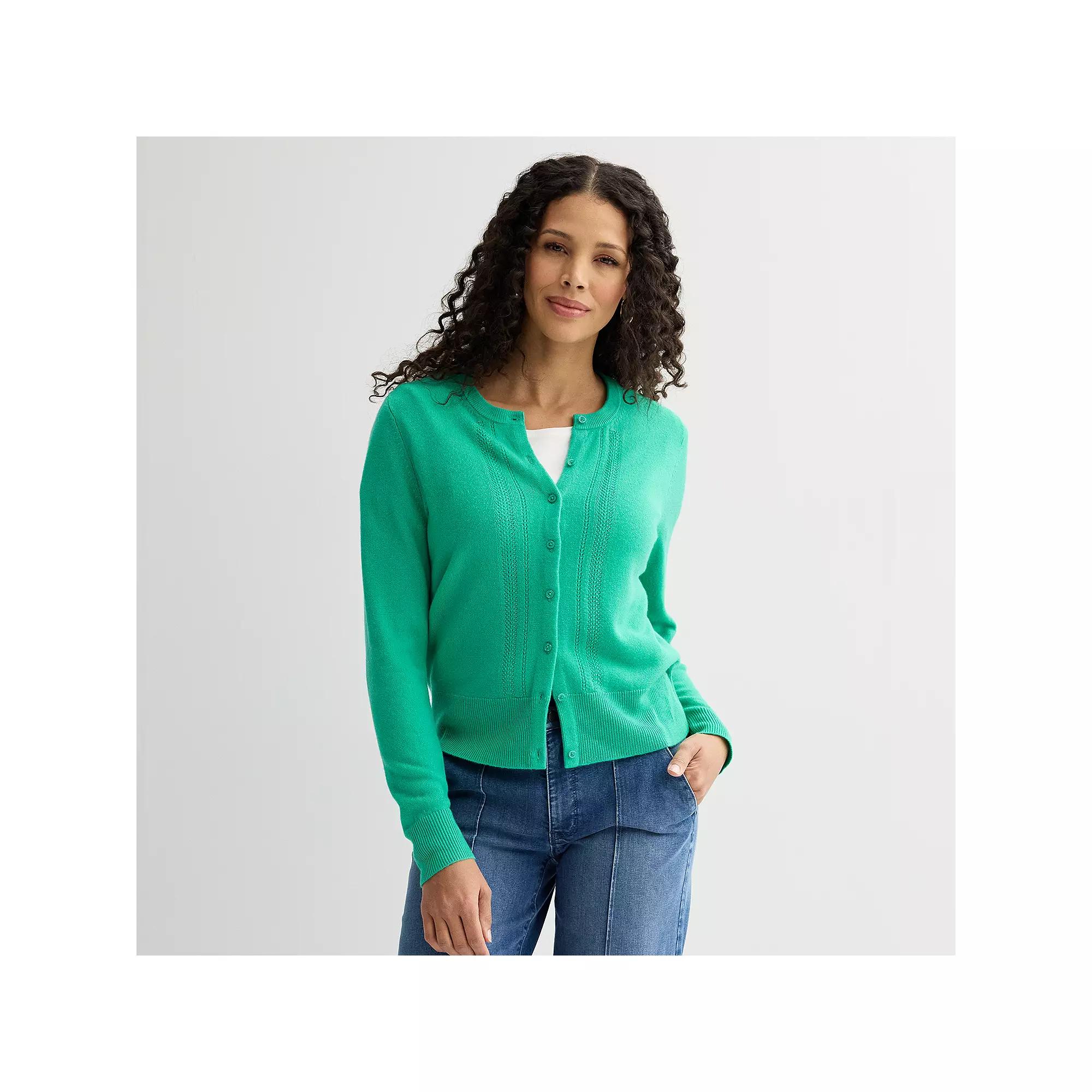Women's Croft & Barrow® Extra Soft Classic Pointelle Cardigan, Size: XL, Greenway Product Image