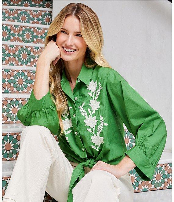 Karen Kane Embroidered Point Collar 3/4 Blouson Sleeve Tie-Front Top Product Image