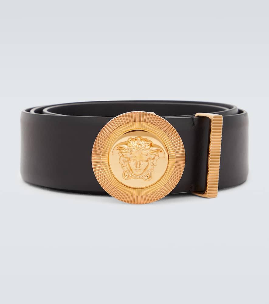 VERSACE Medusa Streamlined Leather Belt With Adjustable Length And Gold-tone Buckle In Black Product Image