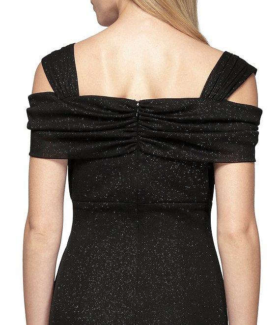 Alex Evenings Glitter Mesh Cowl Neck Cold Shoulder Cap Sleeve Side Slit Ruched Gown Product Image