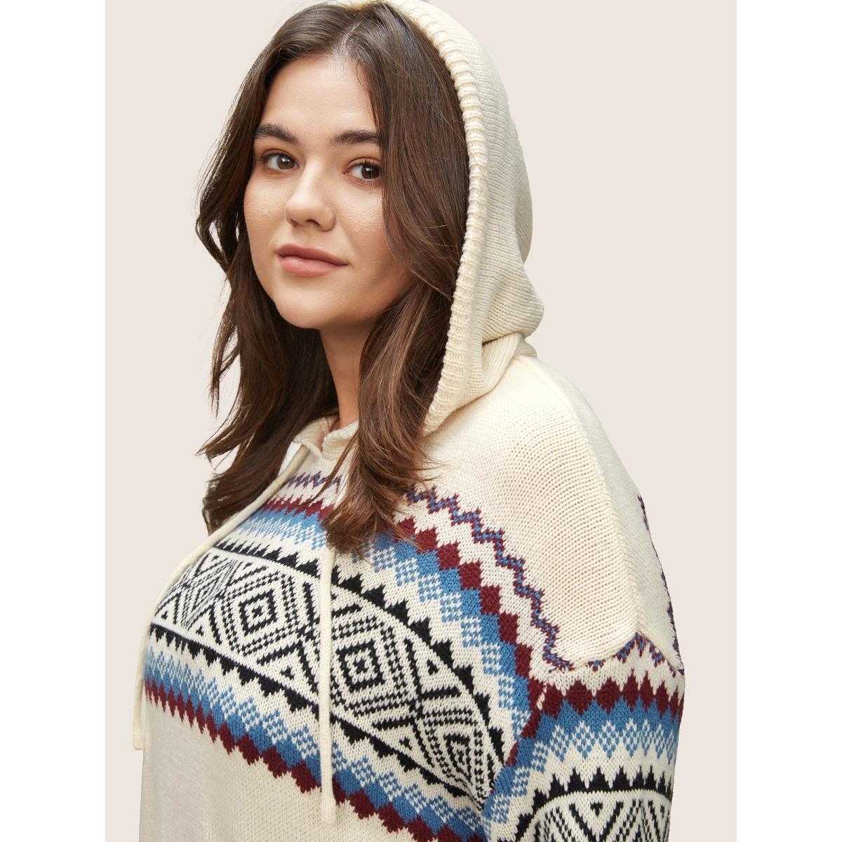 Plus Size Geometric Jacquard Drop Shoulder Drawstring Pullover Ivory Women Casual Loose Long Sleeve Hooded Everyday Pullovers BloomChic 30/6X Product Image