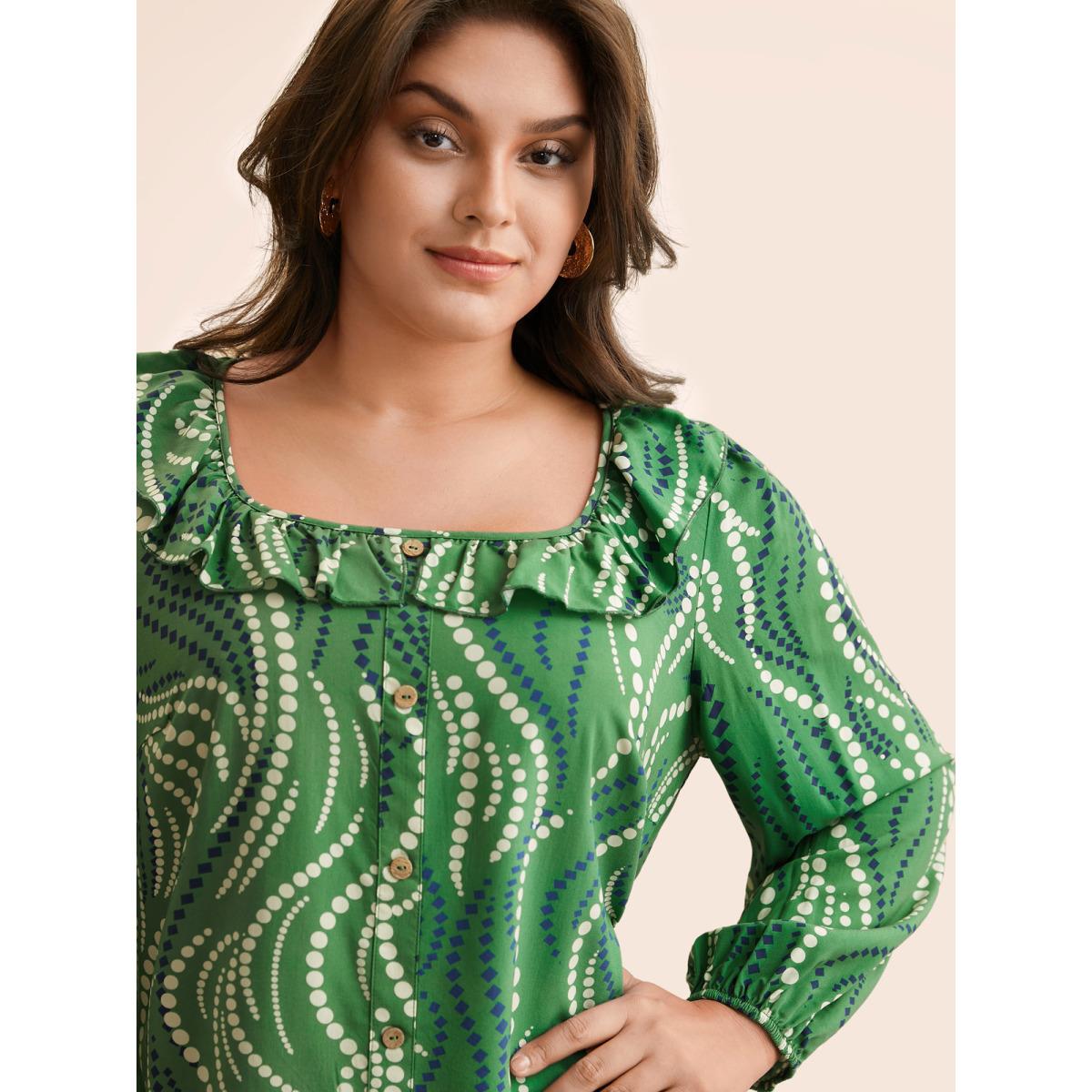 Plus Size Moss Polka Dot Ruffles Button Detail Blouse Women Elegant Long Sleeve Square Neck Everyday Blouses BloomChic 14-16/1X Product Image
