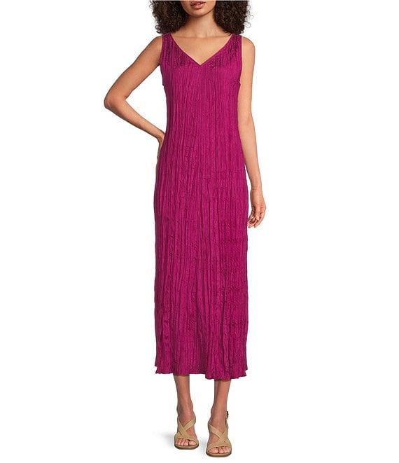 Eileen Fisher Crushed Silk V-Neck Sleeveless Midi Dress Product Image