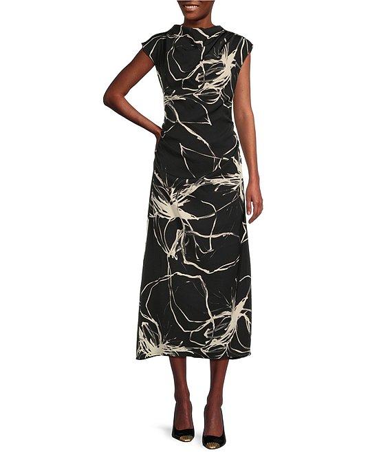 DKNY by Donna Karan Printed Woven Mock Neck Short Sleeve A-Line Dress Product Image