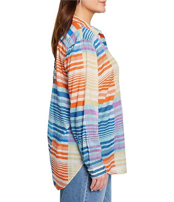 NIC + ZOE Plus Size Sunset Stripe Point Collar Long Sleeve Boyfriend Shirt Product Image