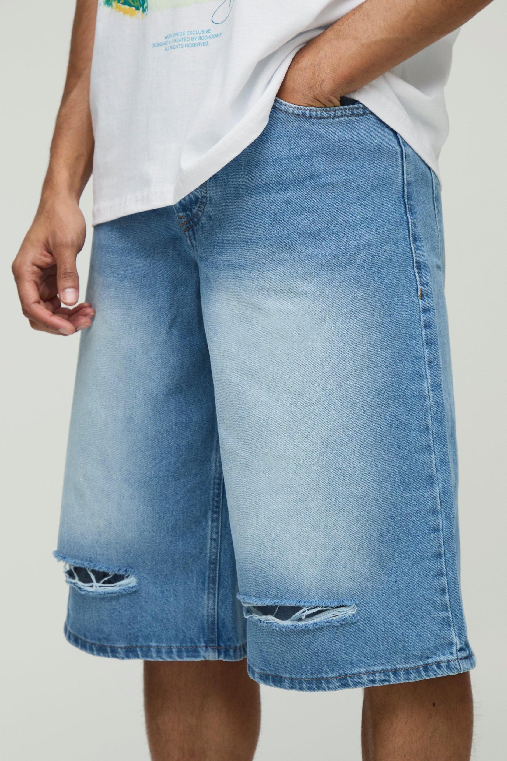 Longline Blue Washed Denim Jorts | boohooMAN USA Product Image