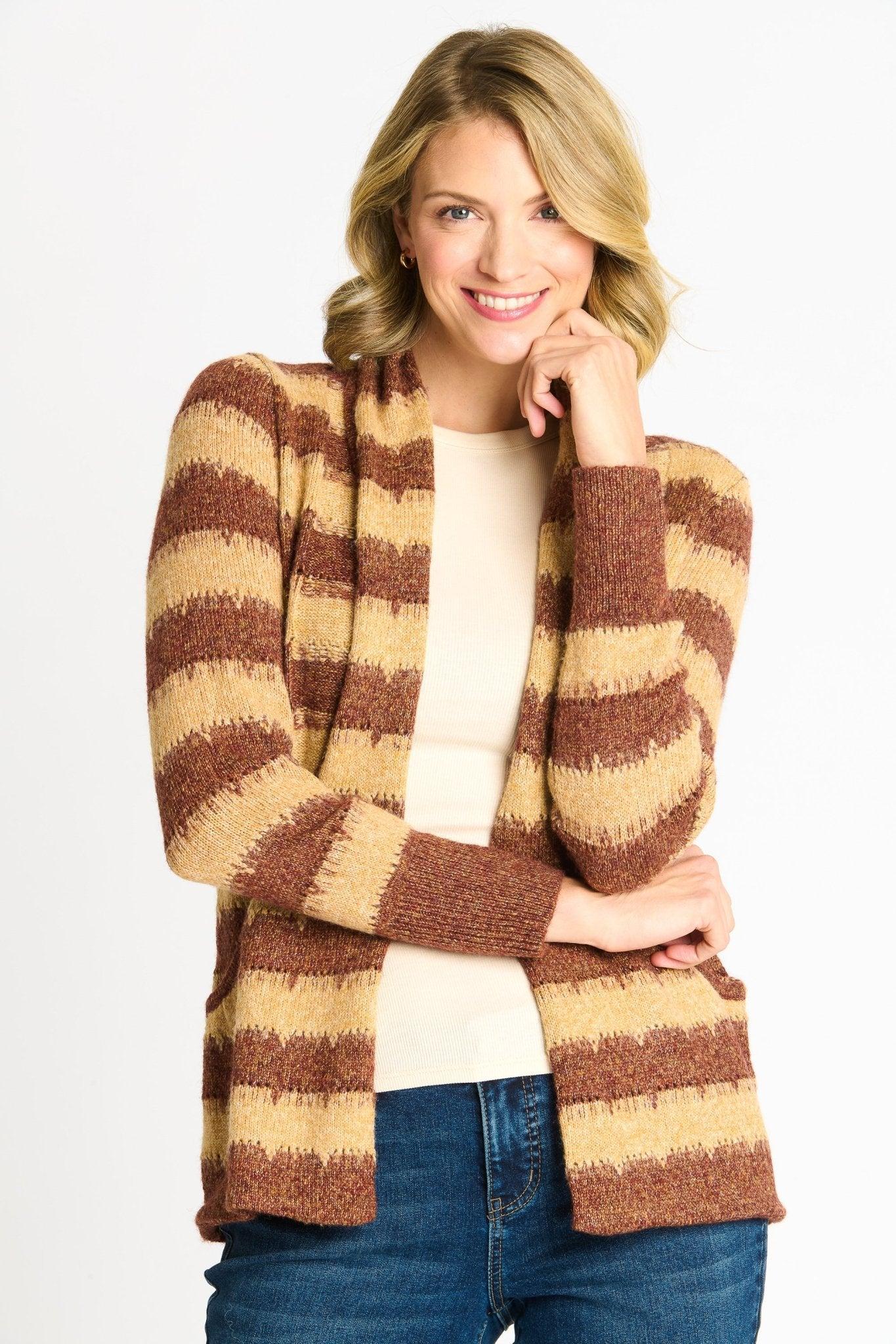 Wave Stripe J-Pocket Cardigan Sweater, Caramel Heather Product Image