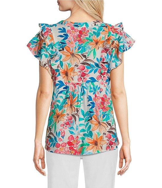 Calessa Italian Floral Split V-Neck Ruffle Cap Sleeve Top Product Image