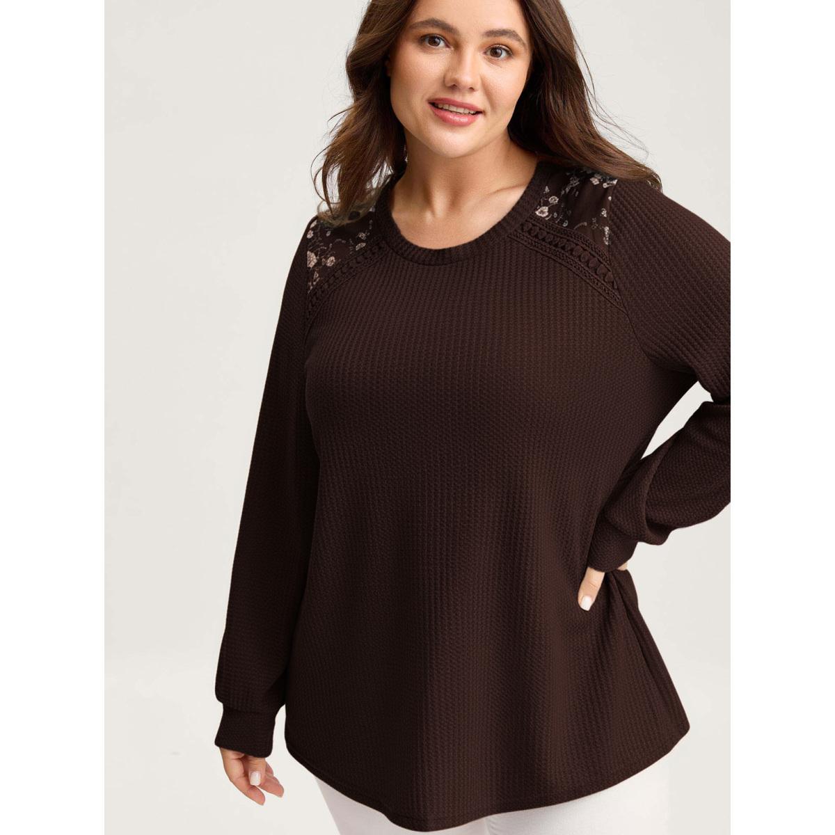 Plus Size Waffle Spliced Floral Lace Sweatshirt Women DarkBrown Leisure Round Neck Casual Sweatshirts BloomChic 28/5X Product Image