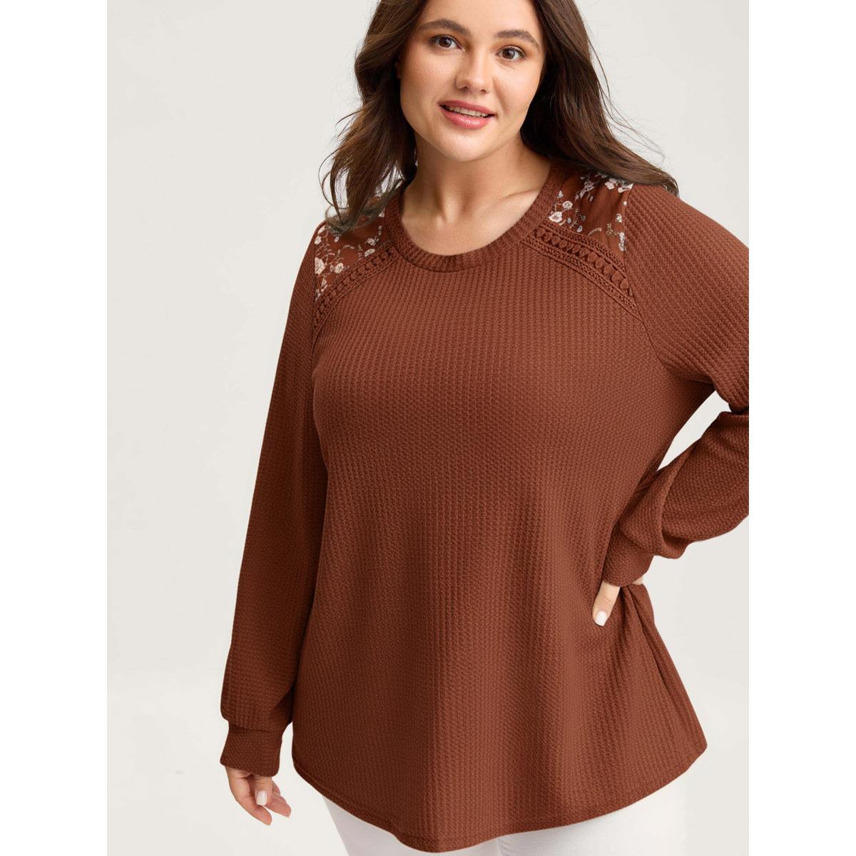 Plus Size Waffle Spliced Floral Lace Sweatshirt Women Rust Leisure Round Neck Casual Sweatshirts BloomChic 28/5X Product Image