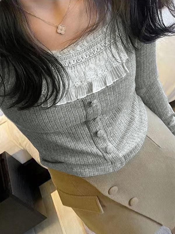 Ruffle Panel Slim Fit Pullover Sweater Product Image