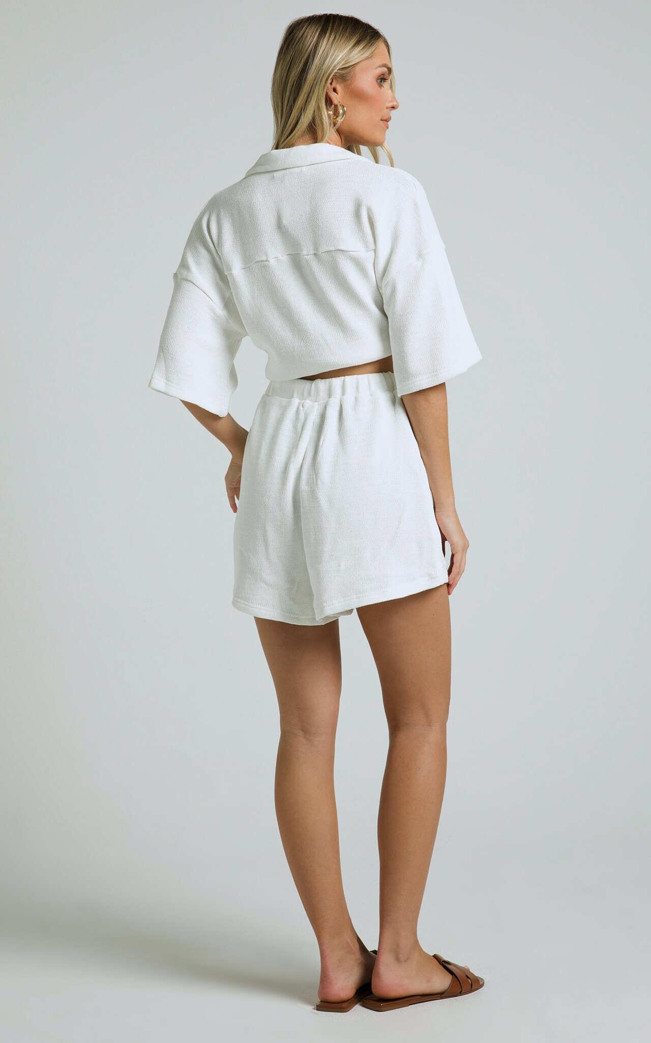 Kahlani Two Piece Set - Collared Short Sleeve and High Waisted Shorts in White Product Image