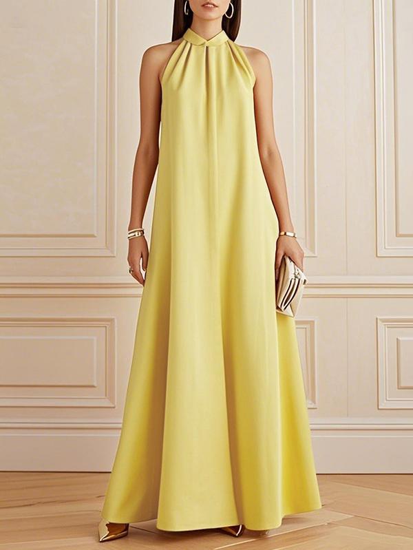 A-Line Loose Pleated Solid Color Mock Neck Maxi Dresses Product Image