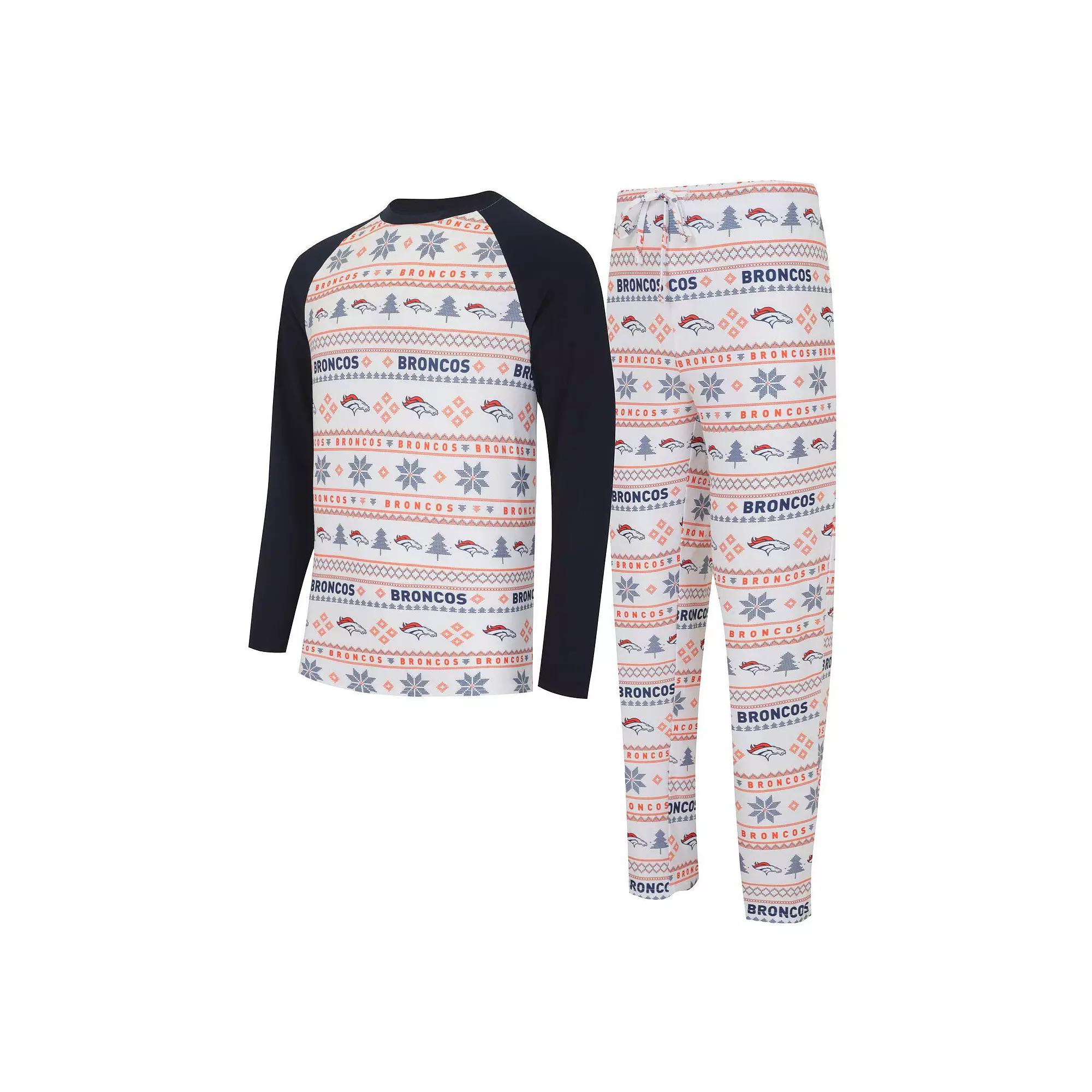 Men's Concepts Sport White/Navy Denver Broncos TinselÂ Raglan Long Sleeve T-Shirt & Pants Sleep Set,  Product Image