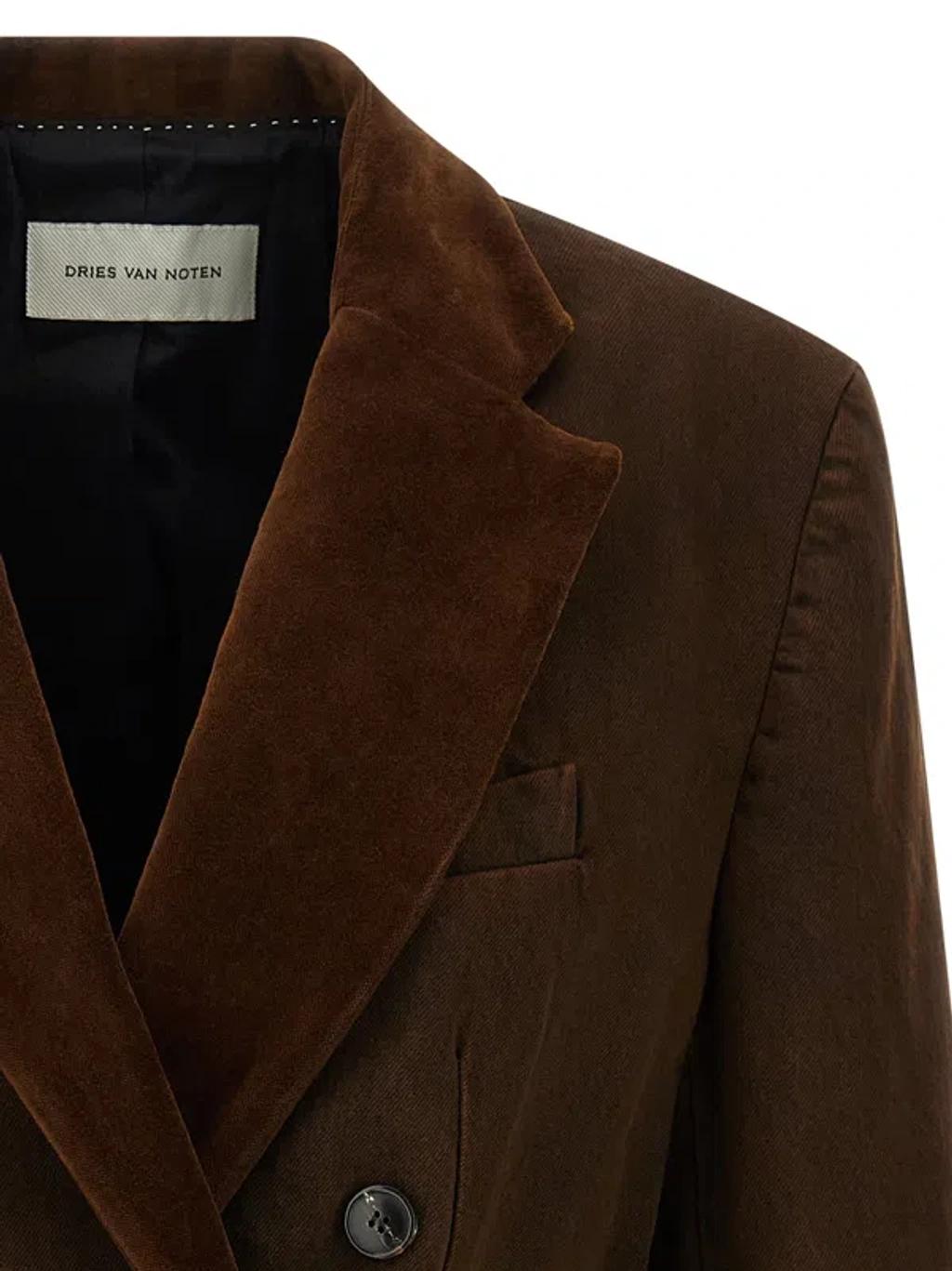 DRIES VAN NOTEN Bafya Velvet Trim Double Breasted Denim Blazer In Brown Product Image
