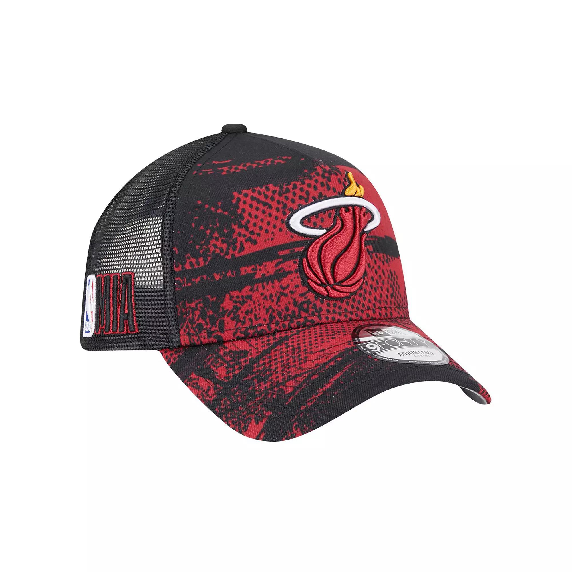 Men's New Era Black/Red Miami Heat Tip Off A-Frame Trucker 9FORTY Adjustable Hat Product Image