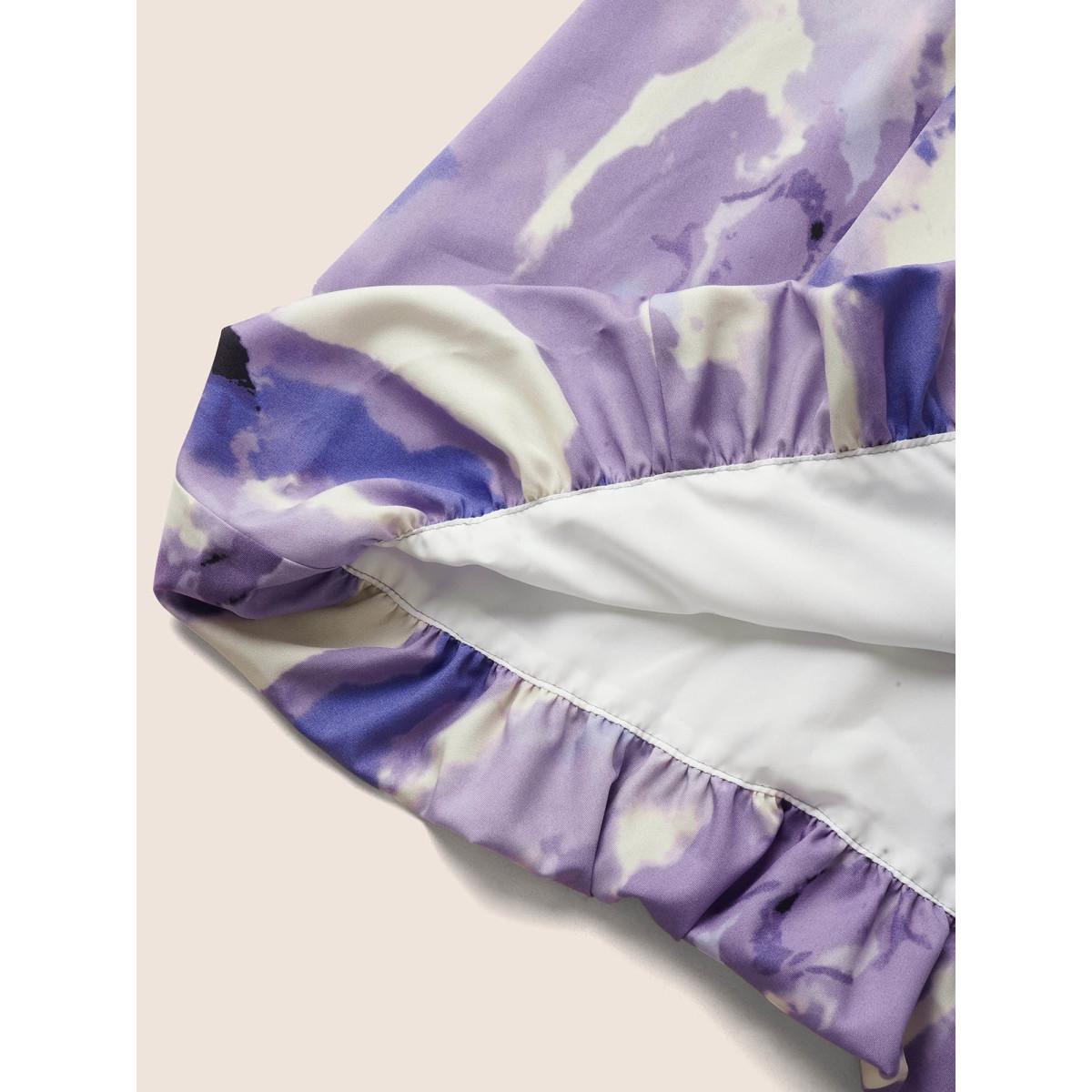 Plus Size Watercolor Floral Bubble Hem Pockets Dress DarkViolet Women Romantic Gathered Heart neckline Cap Sleeve Curvy BloomChic 14-16/1X Product Image