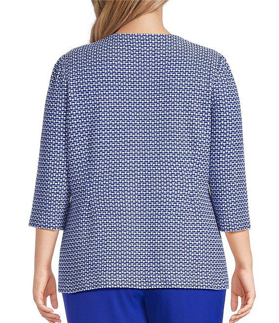 Ming Wang Plus Size Honeycomb Tweed Knit Round Neck 3/4 Sleeve Jacket Product Image