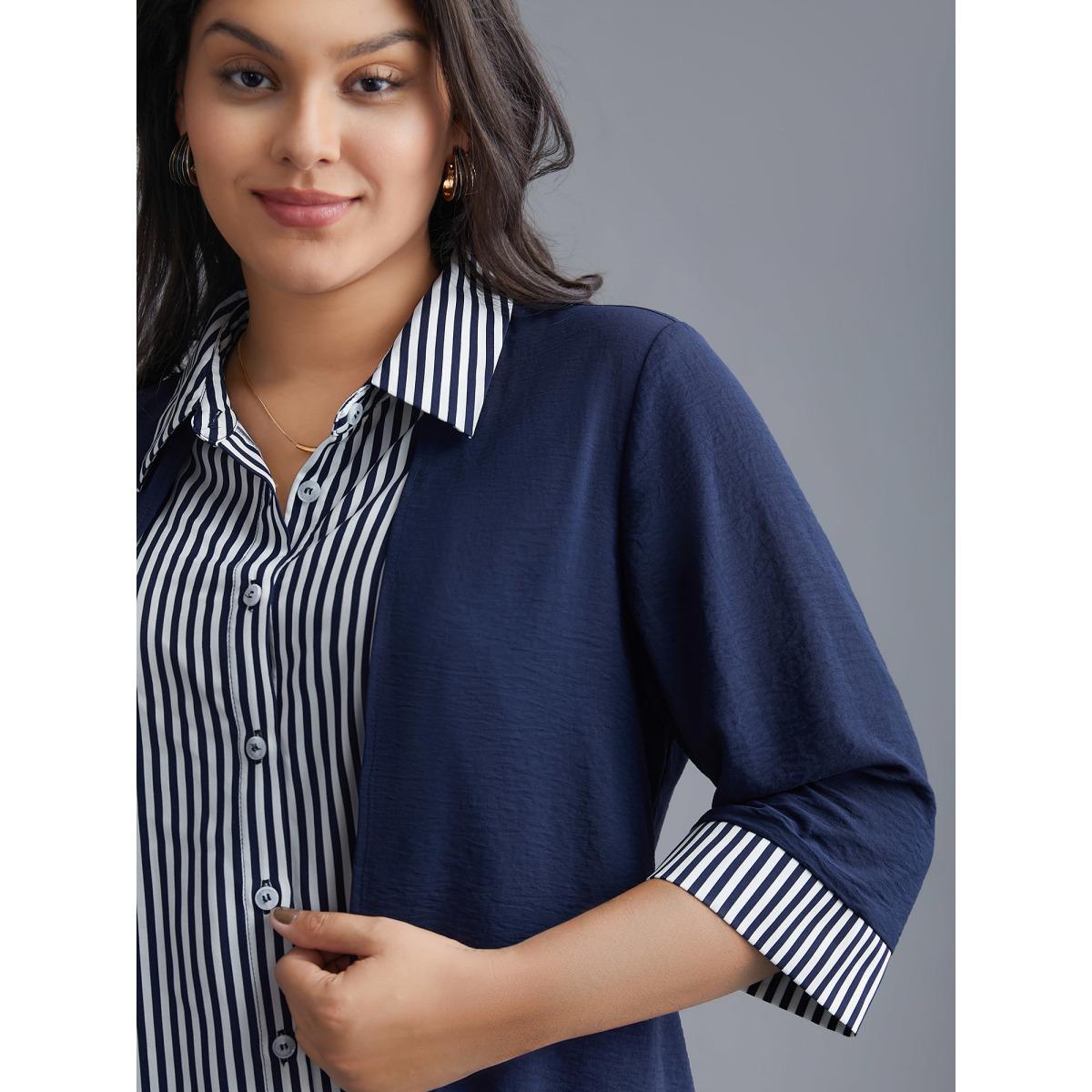 Plus Size Indigo Shirt Collar Patchwork Striped Blouse Women Office Extra Long Sleeve Square Neck Office Blouses BloomChic 28/5X Product Image