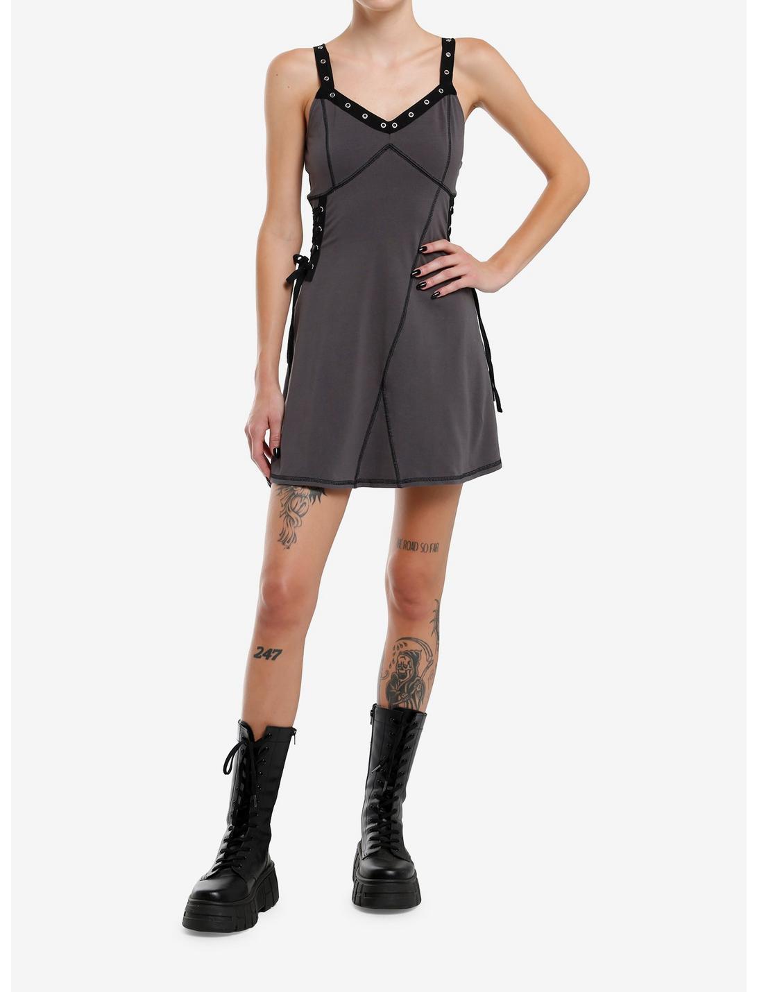 Social Collision Grey Grommet Strap Lace-Up Dress Product Image