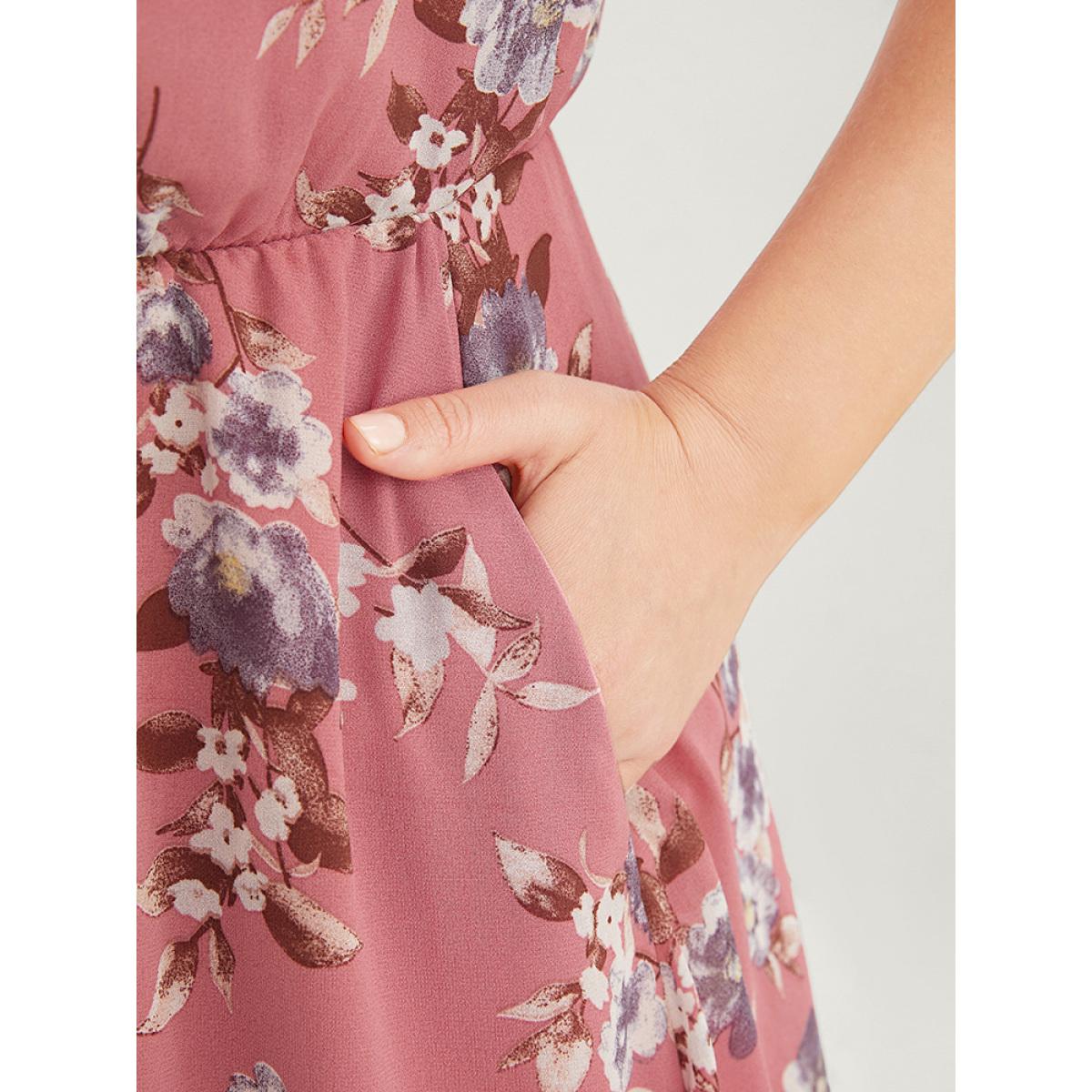 Plus Size Floral Print Ruffle Trim Pocket Sleeveless Wrap Dress DustyPink Women Elegant Elastic Waist Overlap Collar Sleeveless Curvy Midi Dress BloomChic 30/6X Product Image