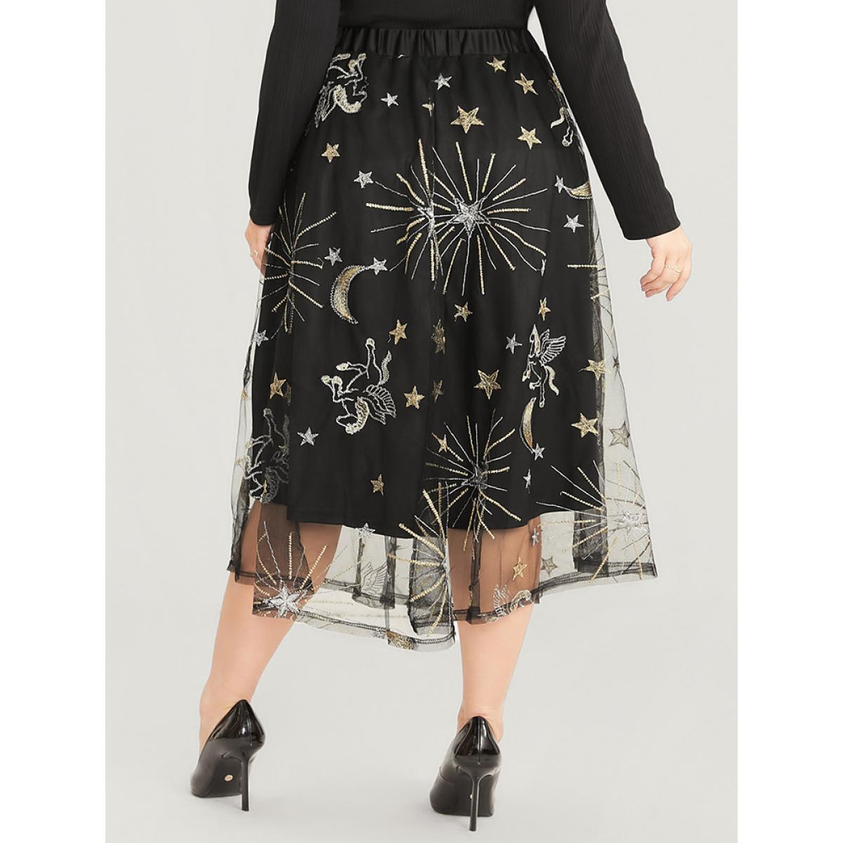 Plus Size Moon And Star Embroidered Mesh Elastic Waist Skirt Women Black Glamour Embroidered No stretch Going out Skirts BloomChic 12/L Product Image