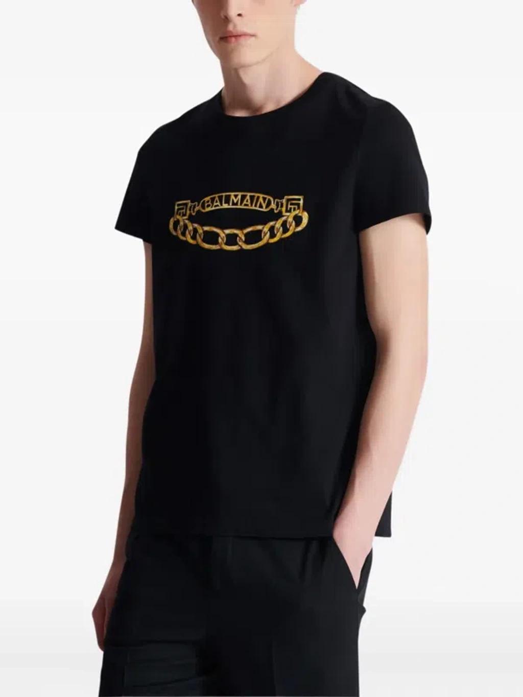 BALMAIN Black Crewneck T-shirt With Logo Print On The Front In Cotton Man Product Image
