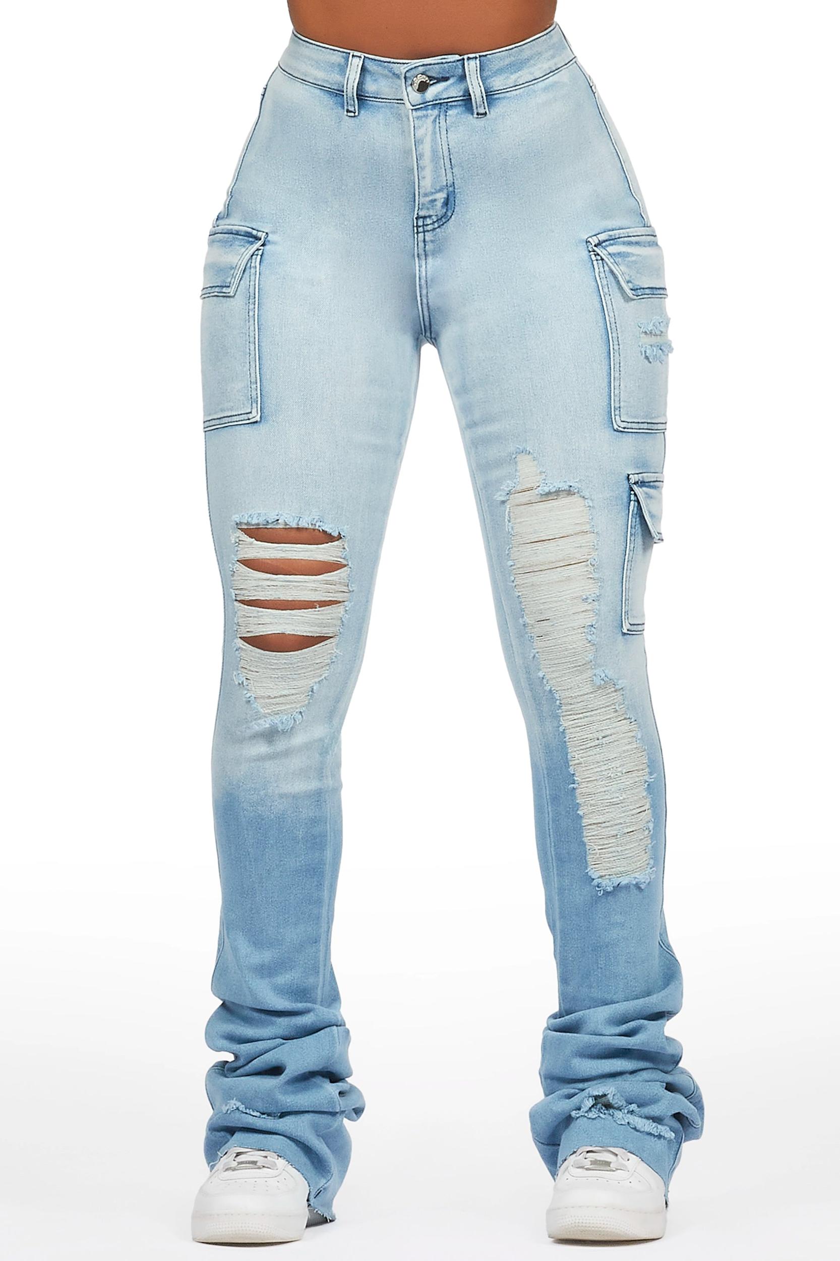 Vixen Light Wash Distressed Cargo Super Stacked Jean Female Product Image