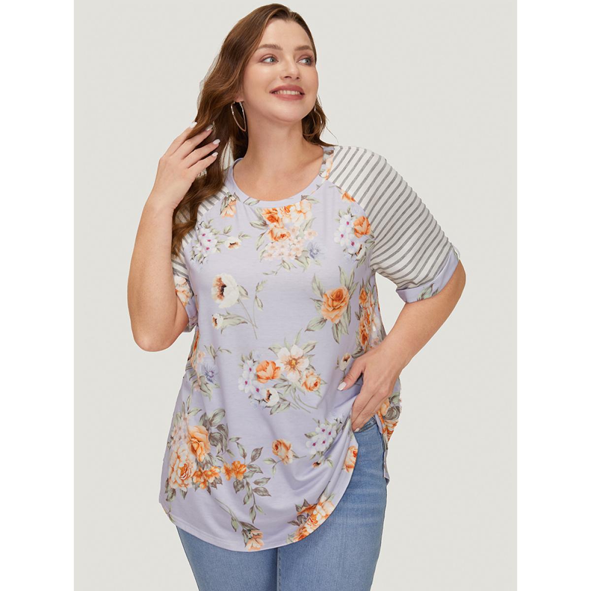 Plus Size Floral & Striped Print Patchwork Roll Raglan Sleeve T-shirt Lavender Women Elegant Patchwork Striped Round Neck Dailywear T-shirts BloomChic 18-20/2X Product Image