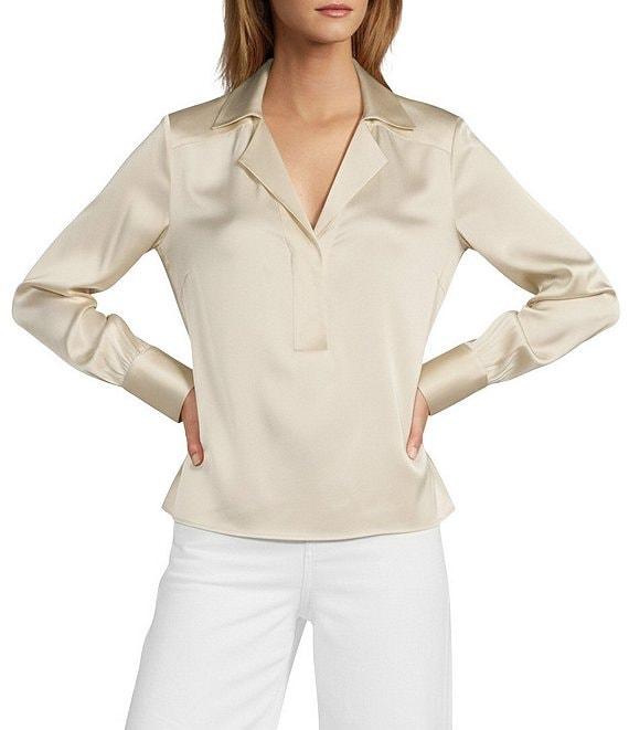 Antonio Melani Violet Silk Notch Collar V-Neck Long Blouson Sleeve Blouse Product Image