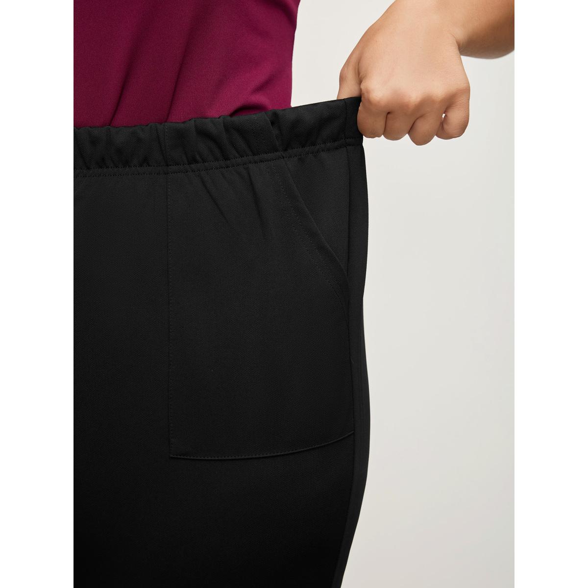 Plus Size Solid Pocket Flare Leg Elastic Waist Pants Women Black Office Flare Leg High Rise Office Pants BloomChic 28/5X Product Image