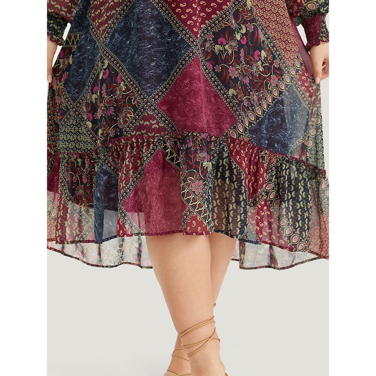 Plus Size Bandana Print Shirred Flutter Hem Dress Multicolor Women Vacation Elastic cuffs V-neck Long Sleeve Curvy Midi Dress BloomChic 18-20/2X Product Image