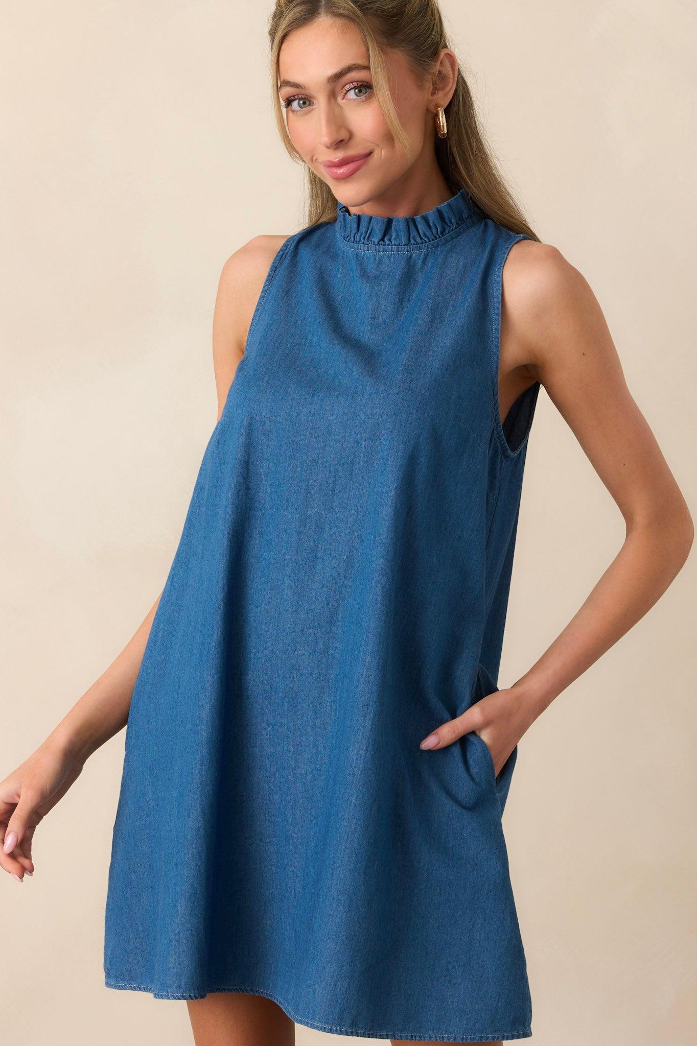 Simple Life Dark Wash Chambray Cotton Mini Dress Product Image