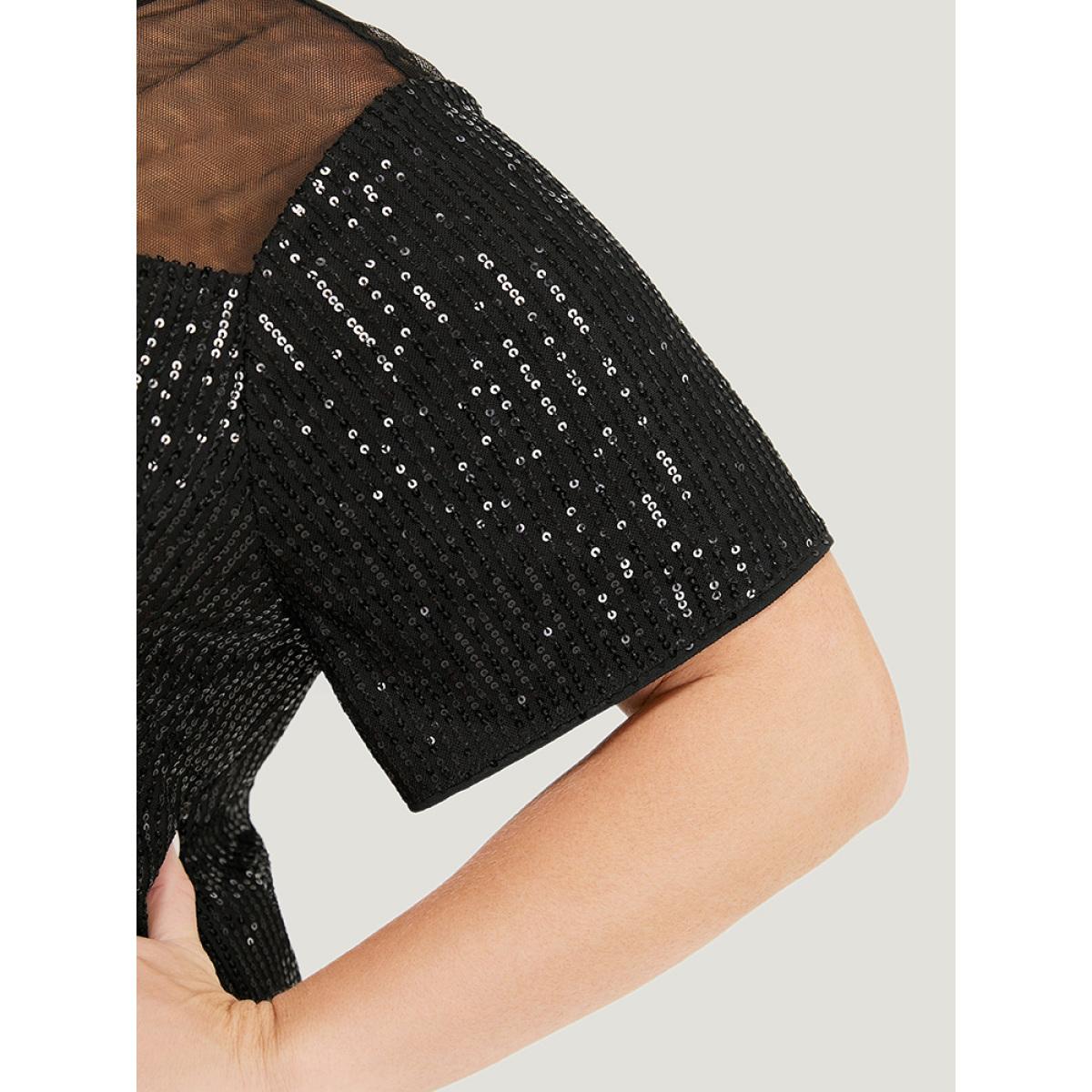 Plus Size Sequin Mesh Insert Crew Neck Pocket Keyhole Midi Dress Black Women Elegant See through Round Neck Short sleeve Curvy Midi Dress BloomChic 30/6X Product Image