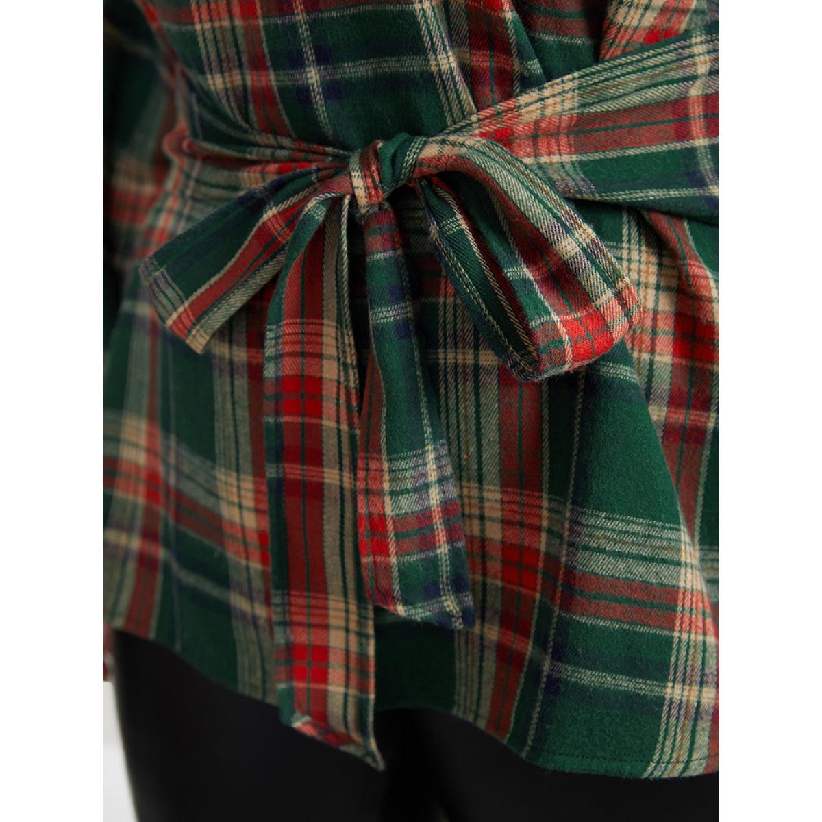 Plus Size DarkGreen Christmas Plaid Ties Lantern Sleeve Blouse Women Elegant Long Sleeve Round Neck Festival-Christmas Blouses BloomChic 30/6X Product Image