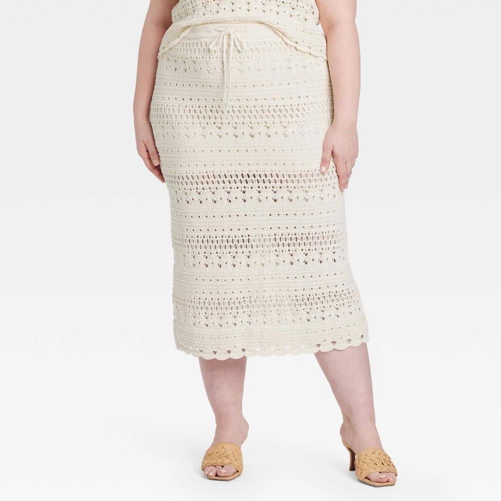 Women's Openwork Midi Sweater Skirt - Universal Thread™ Cream 4X: Cotton Blend, Scalloped Hem, Drawstring Waistband, Plus Size Product Image