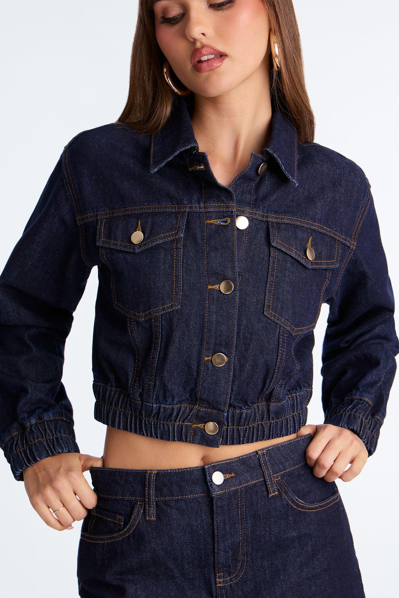 Iconic Cropped Denim Bomber Jacket - Dark Wash Female Product Image