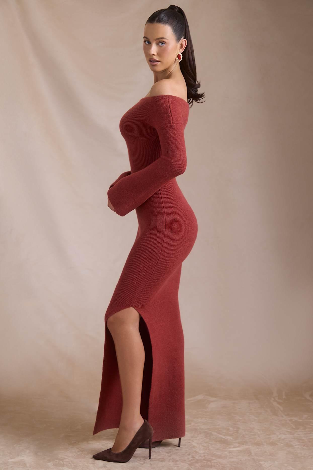 Ribbed-Knit Off-Shoulder Maxi Dress in Brick Red Product Image