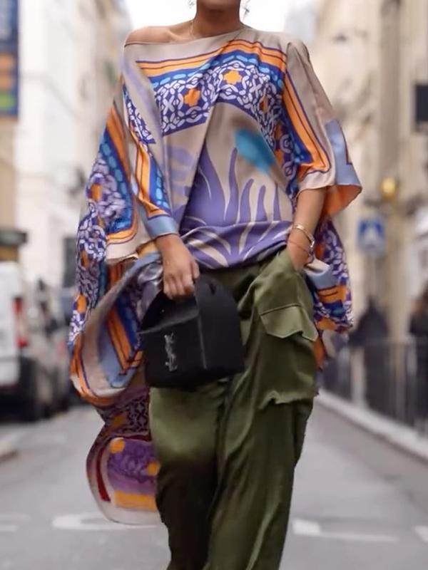 Batwing Sleeves Half Sleeves Contrast Color Printed One-shoulder Blouses&shirts Tops Product Image