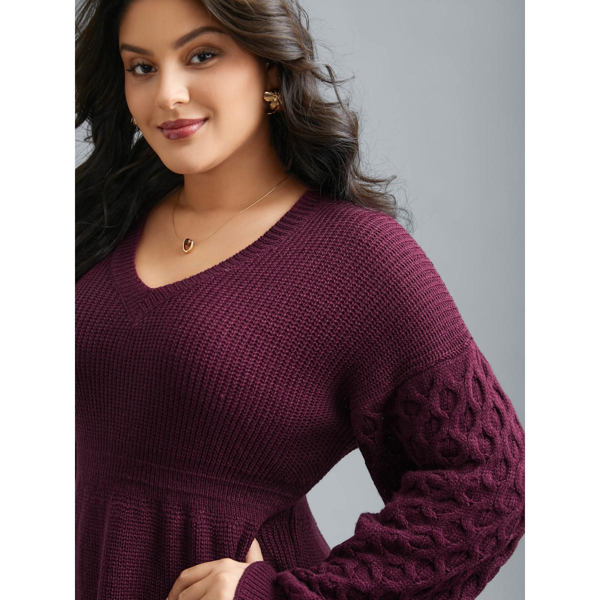 Plus Size Plain Ribbed Knit Waist Cinched Pullover Burgundy Women Timeless Bodycon Long Sleeve V-neck Elegant Pullovers BloomChic 26/4X Product Image