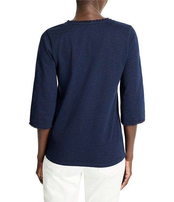 NIC + ZOE Knit V-Neck Elbow Sleeve Fringe Trim Tee Product Image